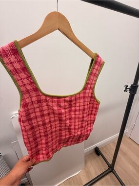 Kismet Pink Plaid Tank with Olive Trim